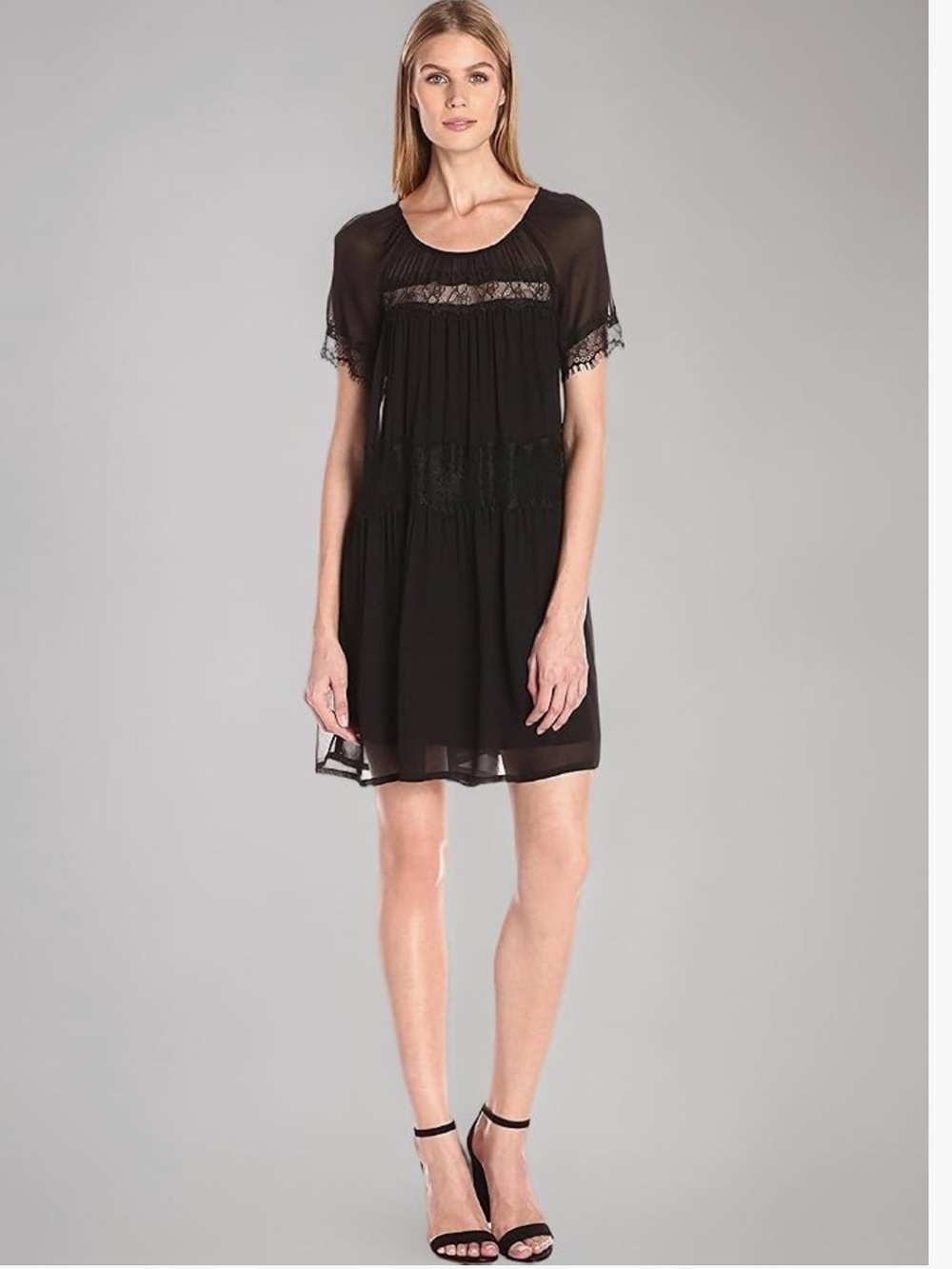 French Connection UK Sheer Black Lace-Trim Babydoll Dress